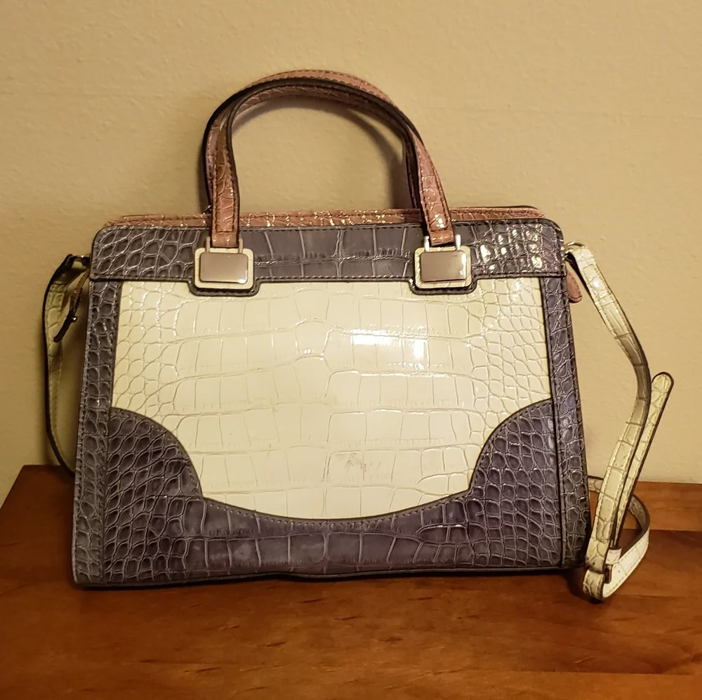 Guess Croc-Embossed Satchel in Pink Gray and Cream